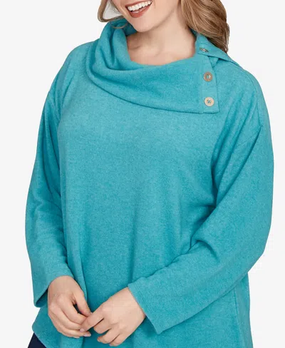 Ruby Rd. Plus Size Heather Cozy Knit Split Cowl Top In Blue