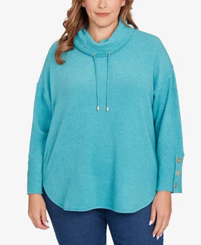 Ruby Rd. Plus Size Cozy Cowl Neck Drawstring Sweater In Blue