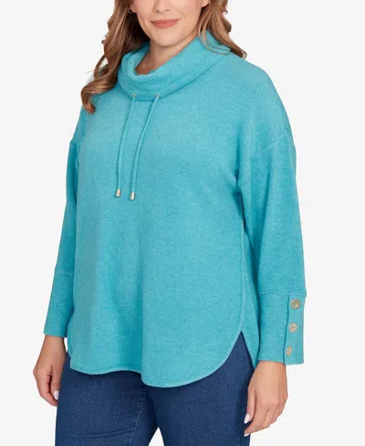 Ruby Rd. Plus Size Cozy Cowl Neck Drawstring Sweater In Blue