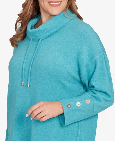 Ruby Rd. Plus Size Cozy Cowl Neck Drawstring Sweater In Blue