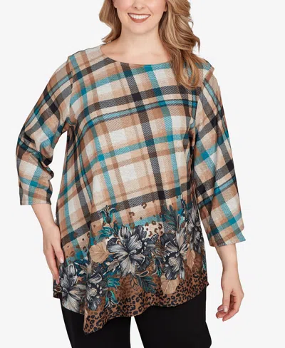 Ruby Rd. Plus Size Floral Plaid Cozy Ballet Neck Top In Multi