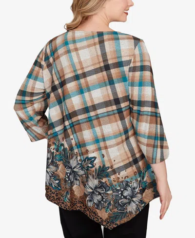 Ruby Rd. Plus Size Floral Plaid Cozy Ballet Neck Top In Multi