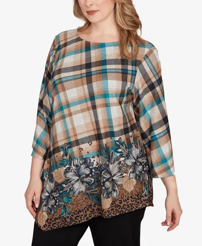 Ruby Rd. Plus Size Floral Plaid Cozy Ballet Neck Top In Multi