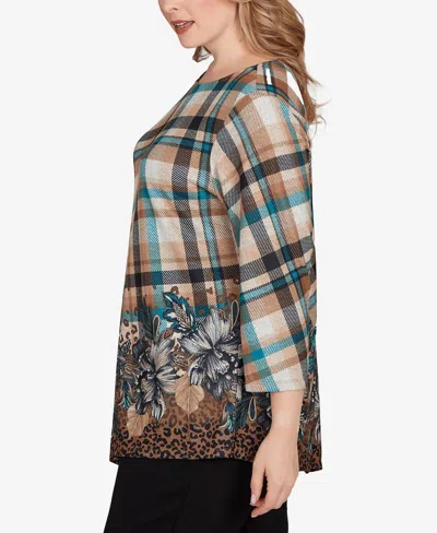 Ruby Rd. Plus Size Floral Plaid Cozy Ballet Neck Top In Multi