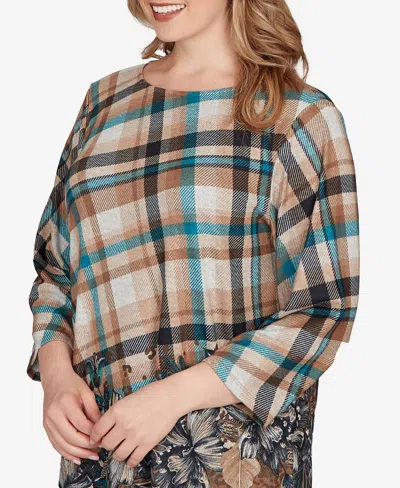 Ruby Rd. Plus Size Floral Plaid Cozy Ballet Neck Top In Multi
