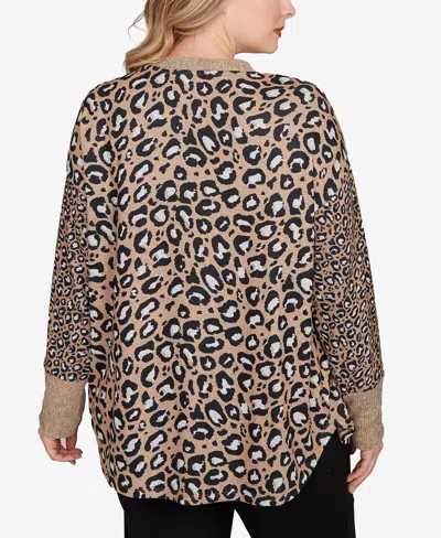 Ruby Rd. Plus Size Sweater Trimmed Cozy Animal Print Top In Animal Print