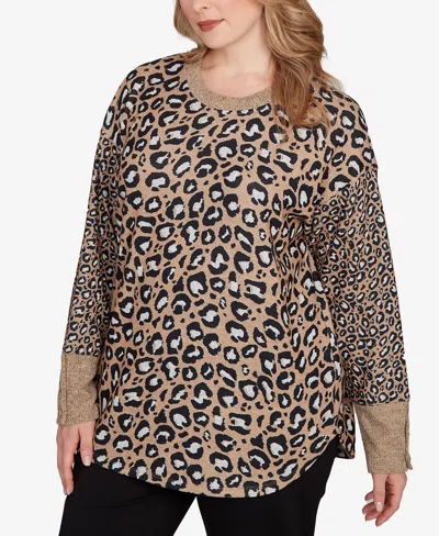 Ruby Rd. Plus Size Sweater Trimmed Cozy Animal Print Top In Animal Print