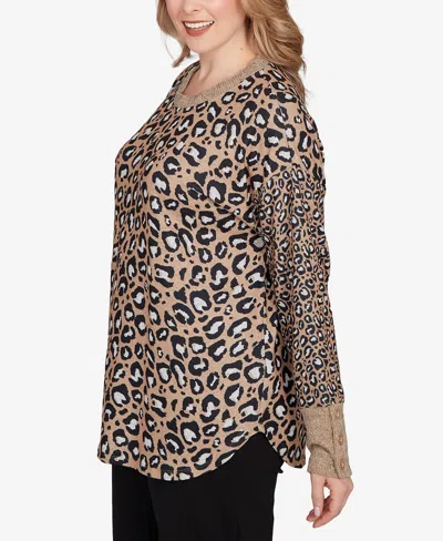Ruby Rd. Plus Size Sweater Trimmed Cozy Animal Print Top In Animal Print