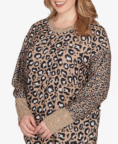 Ruby Rd. Plus Size Sweater Trimmed Cozy Animal Print Top In Animal Print