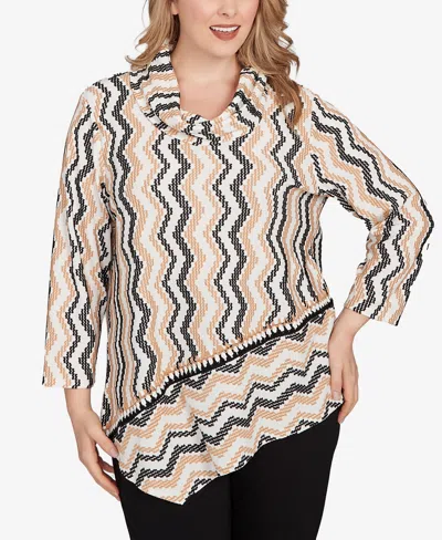Ruby Rd. Plus Size Cowl Neck Zigzig Textured Knit Top In Neutral