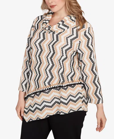 Ruby Rd. Plus Size Cowl Neck Zigzig Textured Knit Top In Neutral