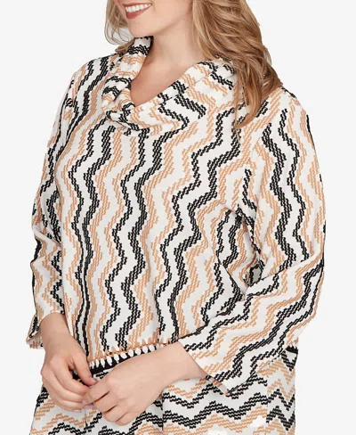 Ruby Rd. Plus Size Cowl Neck Zigzig Textured Knit Top In Neutral