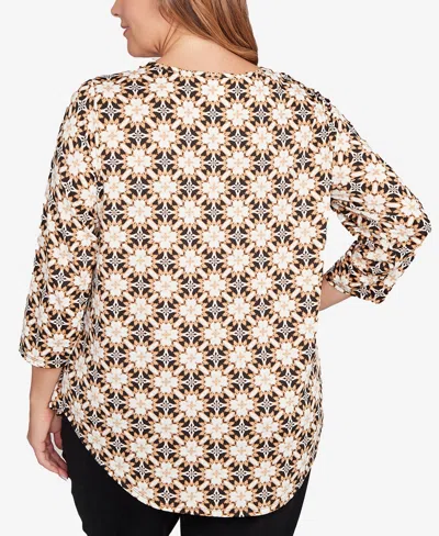 Ruby Rd. Plus Size Mesh Textured Geo Puff Print Top In Brown