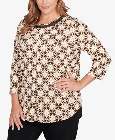 Ruby Rd. Plus Size Mesh Textured Geo Puff Print Top In Brown