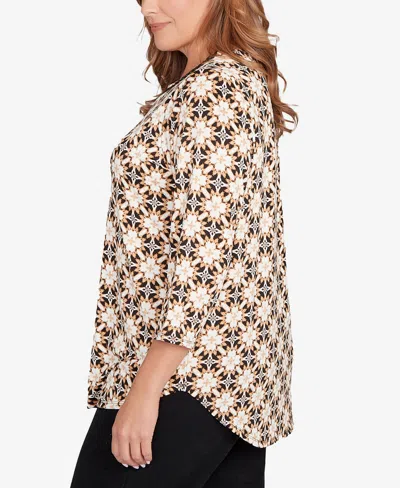 Ruby Rd. Plus Size Mesh Textured Geo Puff Print Top In Brown