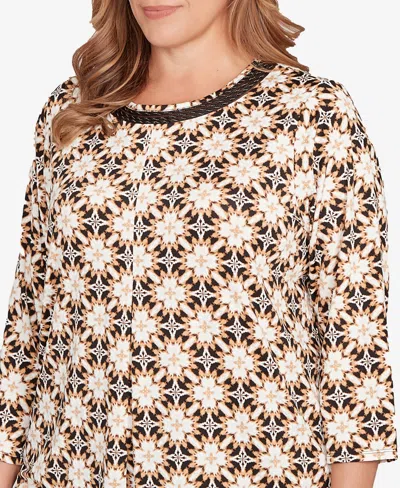 Ruby Rd. Plus Size Mesh Textured Geo Puff Print Top In Brown