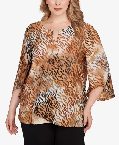 Ruby Rd. Plus Size Tie Dye Zebra Jacquard Textured Top In Brown