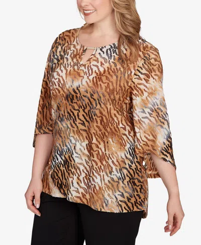 Ruby Rd. Plus Size Tie Dye Zebra Jacquard Textured Top In Brown