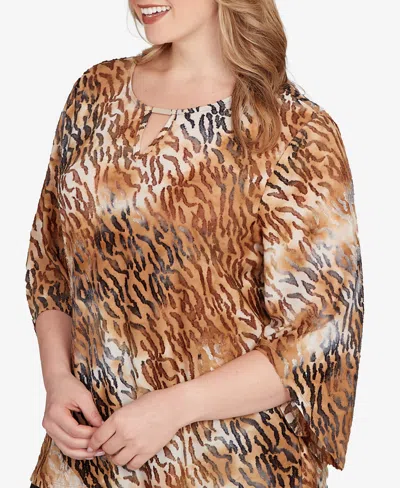 Ruby Rd. Plus Size Tie Dye Zebra Jacquard Textured Top In Brown