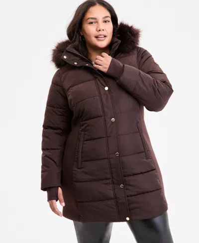 Michael Kors Michael  Plus Size Faux-fur-trim Hooded Puffer Coat, Exclusively At Macy's In Brown
