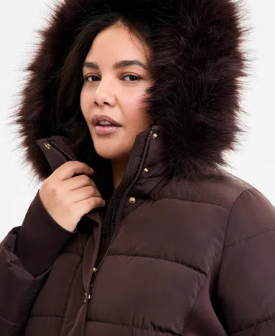 Michael Kors Michael  Plus Size Faux-fur-trim Hooded Puffer Coat, Exclusively At Macy's In Brown