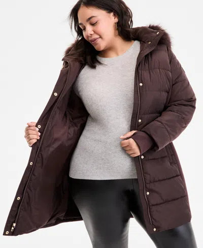 Michael Kors Michael  Plus Size Faux-fur-trim Hooded Puffer Coat, Exclusively At Macy's In Brown