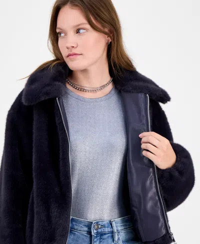 Cece Women's Collared Faux-fur Bomber Coat In Blue