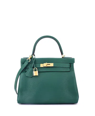 Pre-owned Pre-owned Hermes  Hermes Kelly 28 Handbag Green Clemence With Gold Hardware