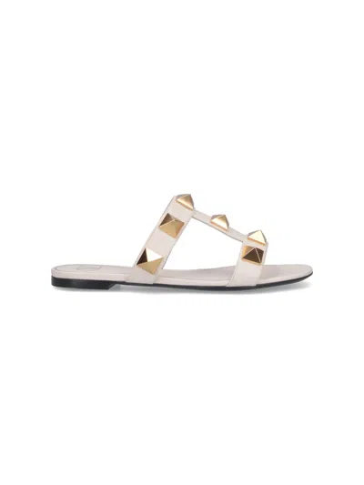 Valentino Garavani Roman Stud Flat Sandals With Signature Pyramid Studs In White