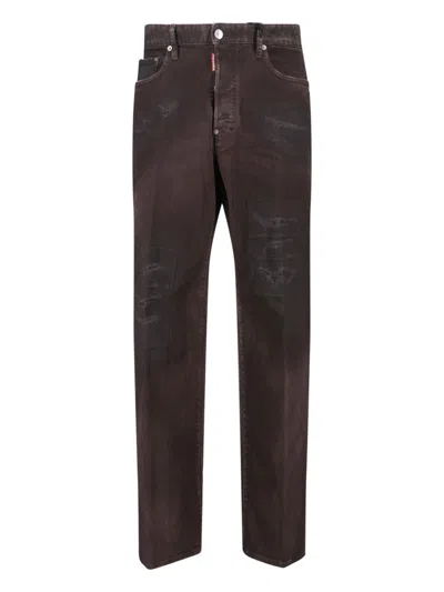 Dsquared2 Straight Trousers With Distressed Finish And Pockets In Brown