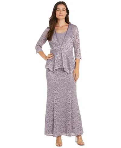 R & M Richards Petite 2-pc. Metallic-lace Gown & Jacket Set In Gray