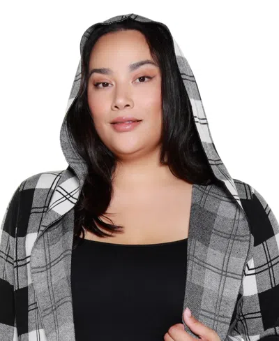 Belldini Plus Size Hooded Checkered Plaid Cardigan Sweater In Multi