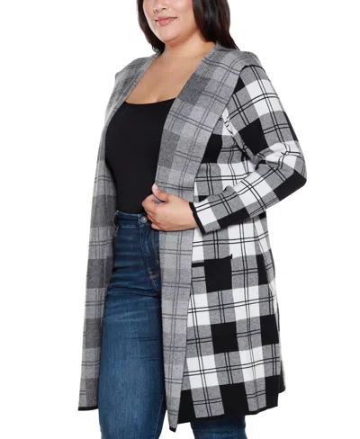 Belldini Plus Size Hooded Checkered Plaid Cardigan Sweater In Multi