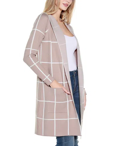 Belldini Women's Hooded Windowpane Plaid Coatigan Sweater In Neutral