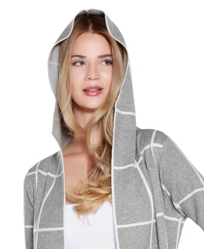 Belldini Women's Hooded Windowpane Plaid Coatigan Sweater In Gray