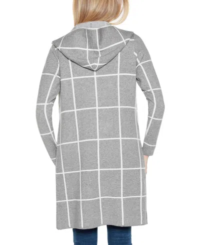 Belldini Women's Hooded Windowpane Plaid Coatigan Sweater In Gray