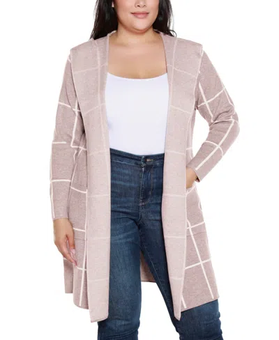 Belldini Plus Size Hooded Windowpane Plaid Cardigan Sweater In Pink