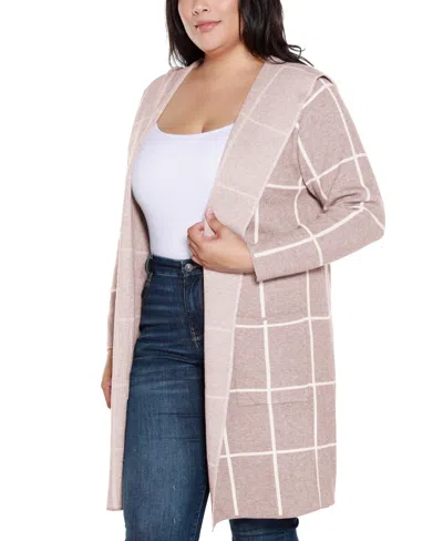 Belldini Plus Size Hooded Windowpane Plaid Cardigan Sweater In Pink