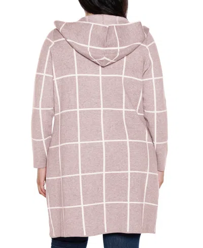 Belldini Plus Size Hooded Windowpane Plaid Cardigan Sweater In Pink