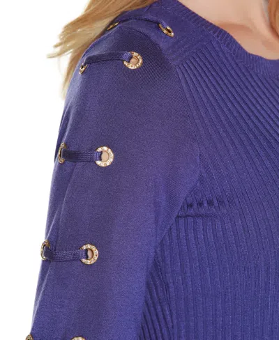 Belldini Plus Size Grommet-trim Ribbed Sweater In Blue