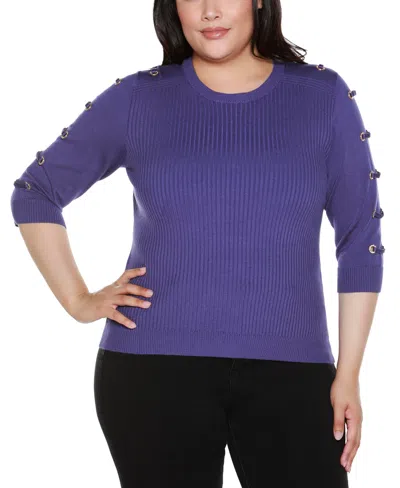 Belldini Plus Size Grommet-trim Ribbed Sweater In Blue