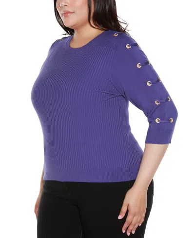 Belldini Plus Size Grommet-trim Ribbed Sweater In Blue