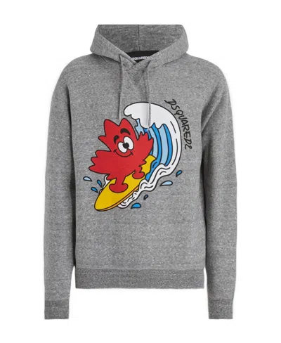 Dsquared2 Graphic Printed Drawstring Hoodie In Gray