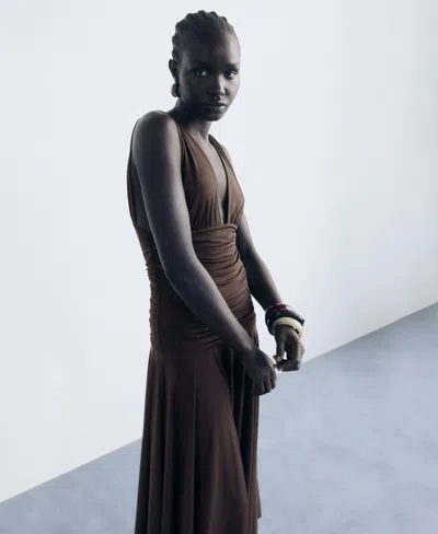 Mango Long Dress With Contrasting Design Brown In Brown