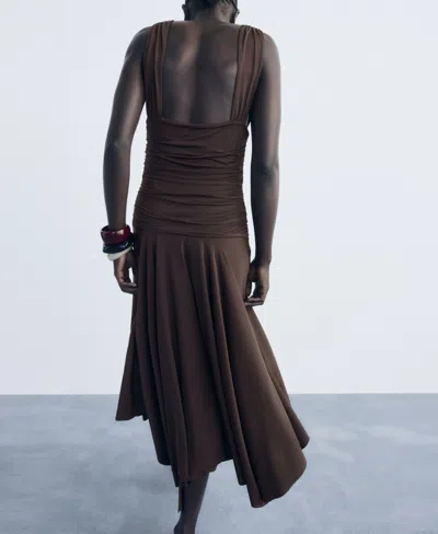 Mango Long Dress With Contrasting Design Brown In Brown
