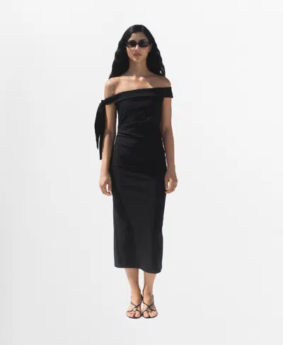 Mango Bardot Cinched Waist Midi Dress In Black In Black