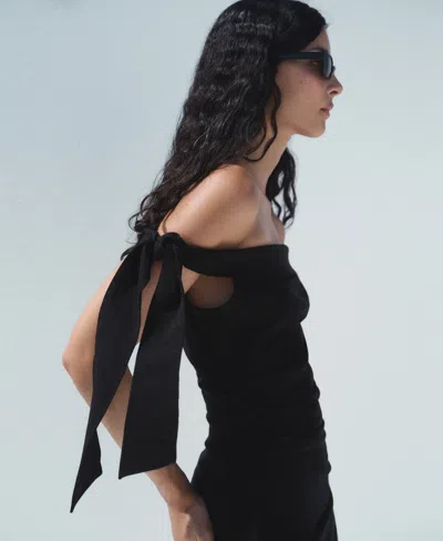 Mango Bardot Cinched Waist Midi Dress In Black In Black