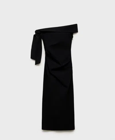 Mango Bardot Cinched Waist Midi Dress In Black In Black