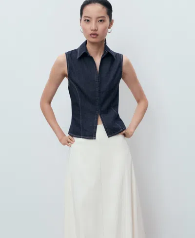 Mango Denim Top With Contrast Stitching Open Blue In Blue