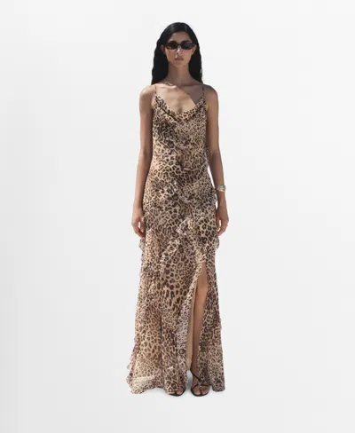 Mango Leopard-print Ruffle Dress With Opening Ecru In Brown